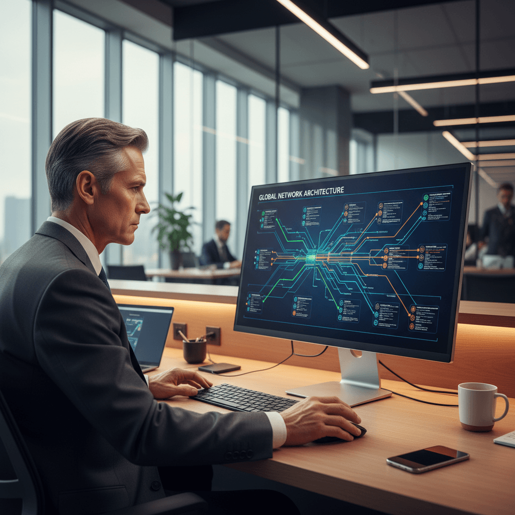 IT consultant analyzing infrastructure on dual monitors